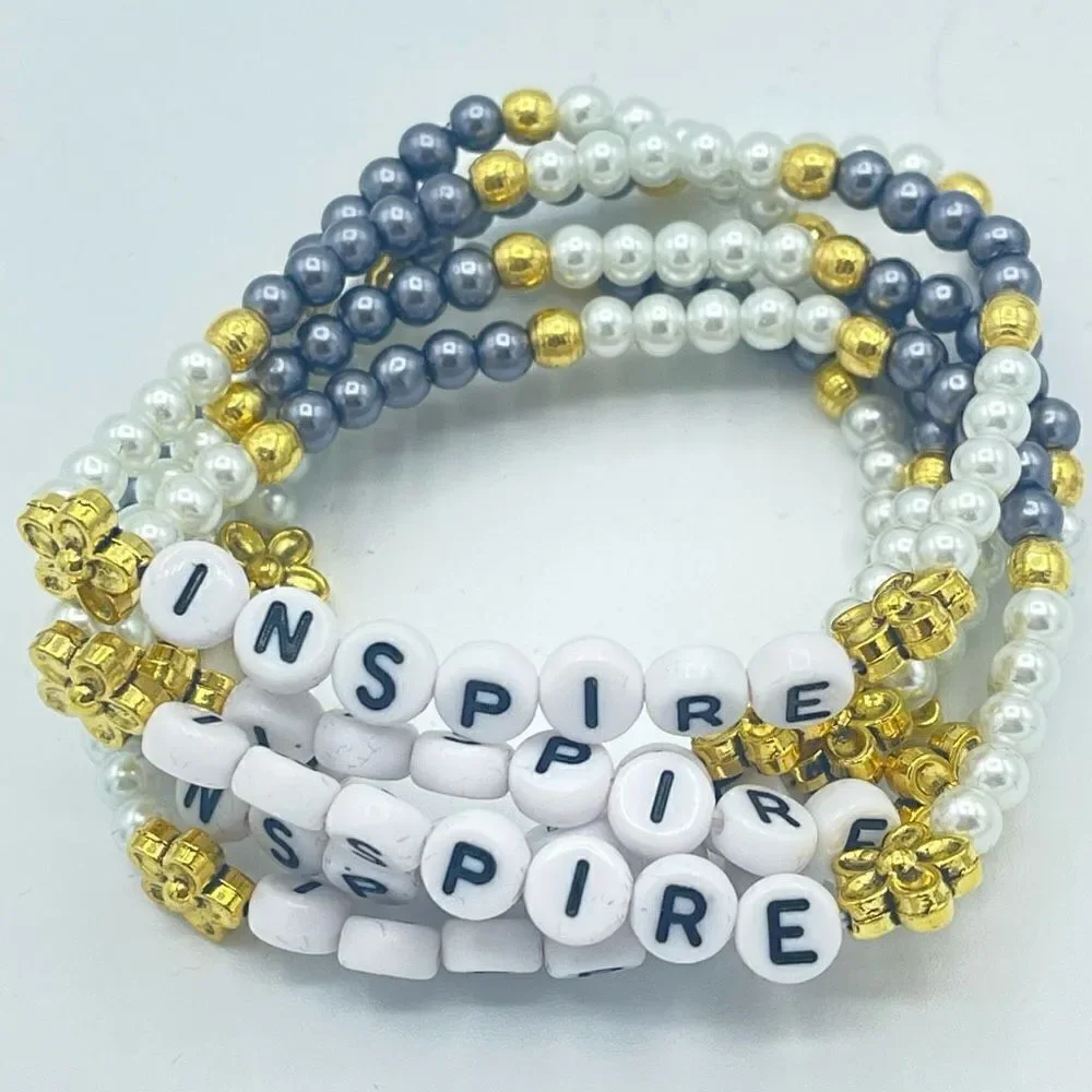 Inspire spell out beaded stretch bracelet ONE NEW Stackable pearl beads white gr